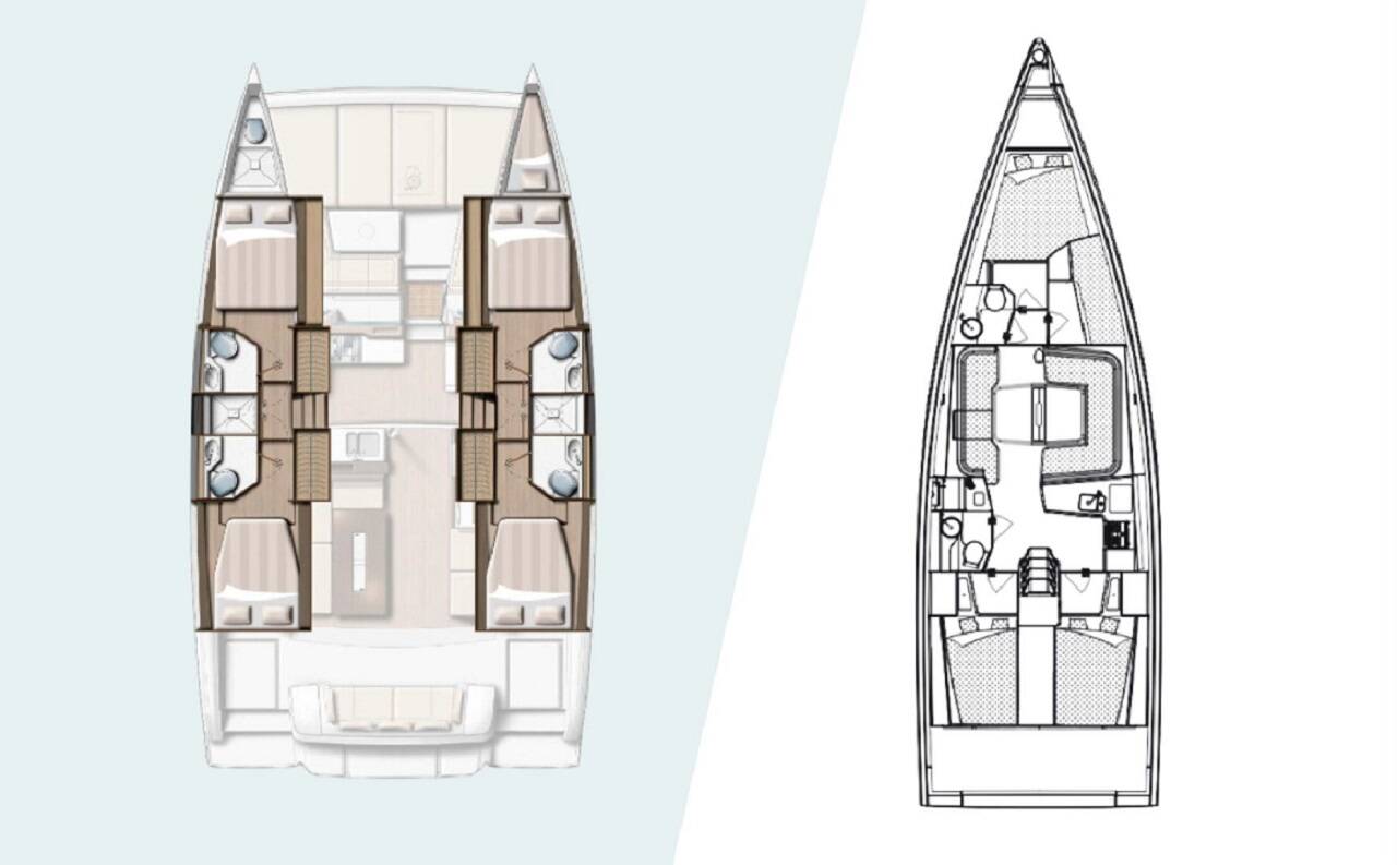 Left: Catamaran Bali 4.2 layout; Right: Sailing Yacht Elan E6 layout